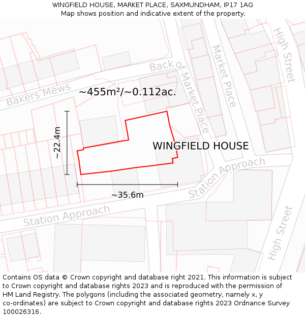 WINGFIELD HOUSE, MARKET PLACE, SAXMUNDHAM, IP17 1AG: Plot and title map