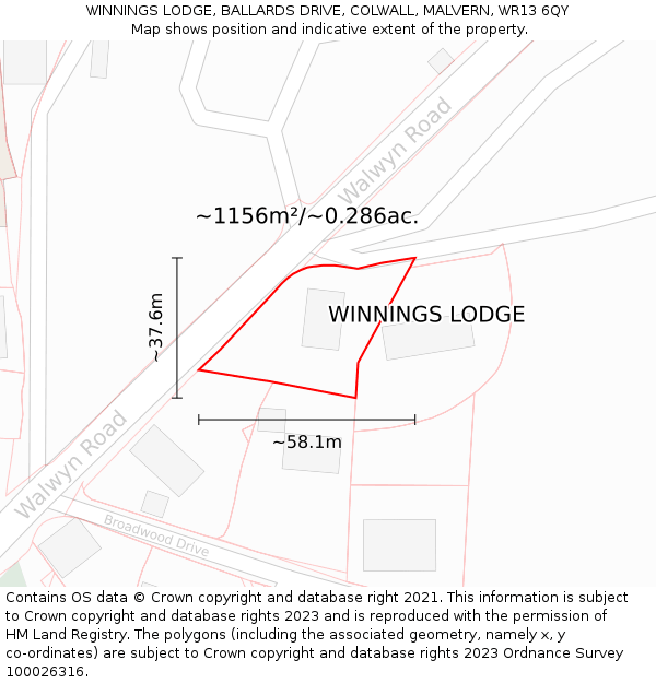 WINNINGS LODGE, BALLARDS DRIVE, COLWALL, MALVERN, WR13 6QY: Plot and title map