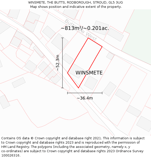 WINSMETE, THE BUTTS, RODBOROUGH, STROUD, GL5 3UG: Plot and title map