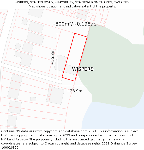 WISPERS, STAINES ROAD, WRAYSBURY, STAINES-UPON-THAMES, TW19 5BY: Plot and title map