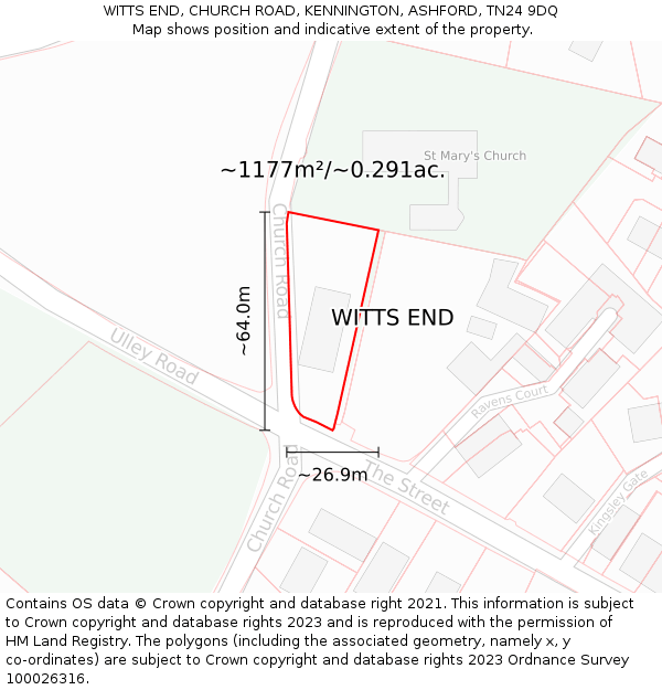 WITTS END, CHURCH ROAD, KENNINGTON, ASHFORD, TN24 9DQ: Plot and title map