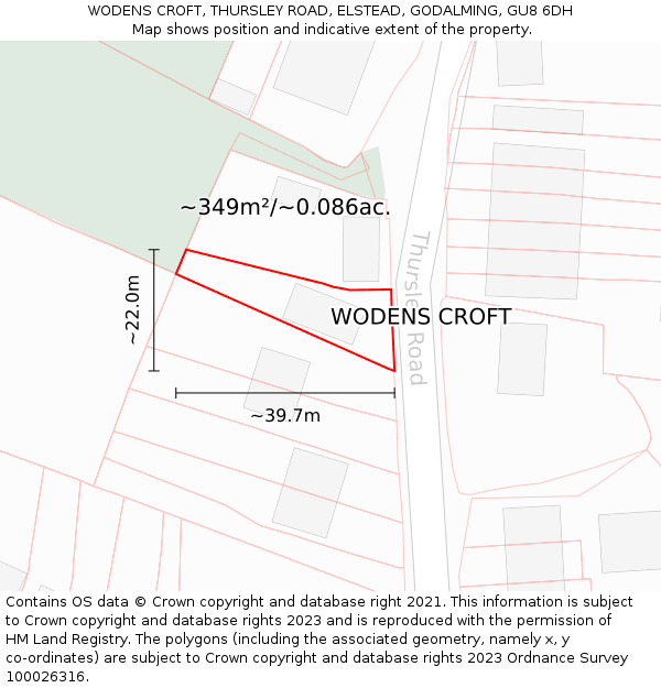 WODENS CROFT, THURSLEY ROAD, ELSTEAD, GODALMING, GU8 6DH: Plot and title map