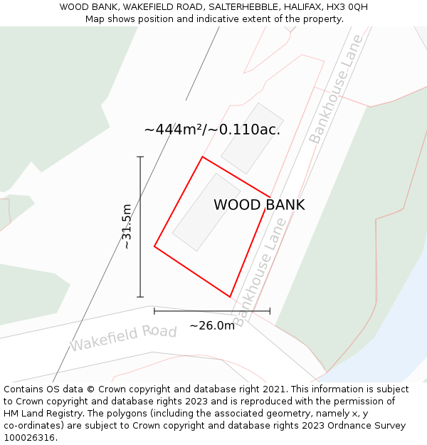 WOOD BANK, WAKEFIELD ROAD, SALTERHEBBLE, HALIFAX, HX3 0QH: Plot and title map