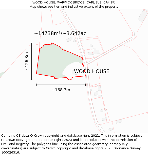 WOOD HOUSE, WARWICK BRIDGE, CARLISLE, CA4 8RJ: Plot and title map