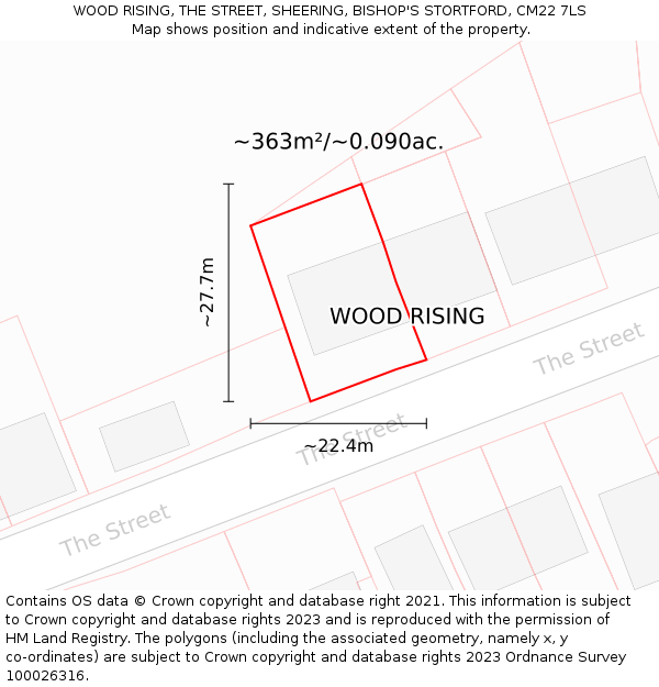 WOOD RISING, THE STREET, SHEERING, BISHOP'S STORTFORD, CM22 7LS: Plot and title map