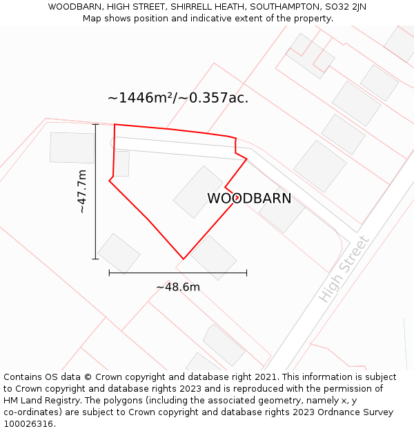 WOODBARN, HIGH STREET, SHIRRELL HEATH, SOUTHAMPTON, SO32 2JN: Plot and title map