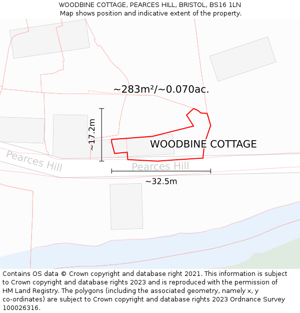 WOODBINE COTTAGE, PEARCES HILL, BRISTOL, BS16 1LN: Plot and title map