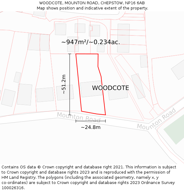 WOODCOTE, MOUNTON ROAD, CHEPSTOW, NP16 6AB: Plot and title map