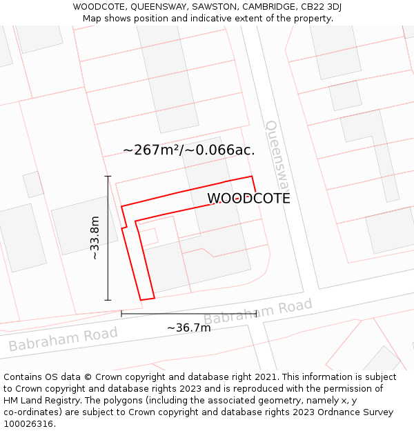 WOODCOTE, QUEENSWAY, SAWSTON, CAMBRIDGE, CB22 3DJ: Plot and title map