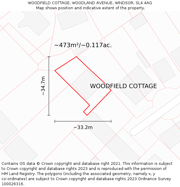 WOODFIELD COTTAGE, WOODLAND AVENUE, WINDSOR, SL4 4AG: Plot and title map