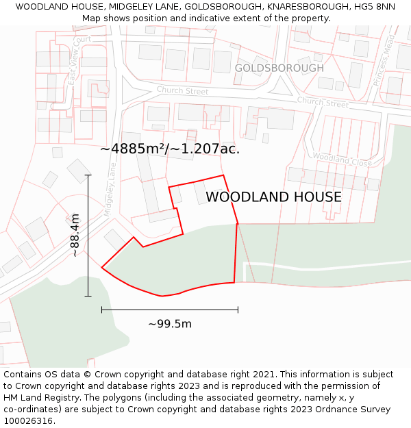 WOODLAND HOUSE, MIDGELEY LANE, GOLDSBOROUGH, KNARESBOROUGH, HG5 8NN: Plot and title map