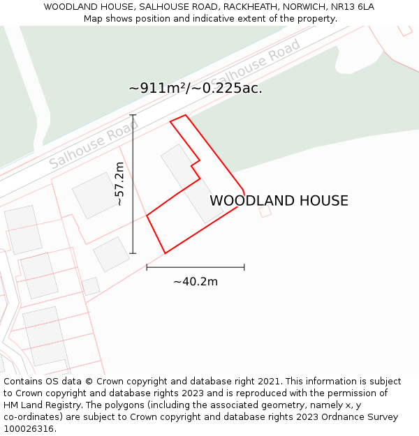 WOODLAND HOUSE, SALHOUSE ROAD, RACKHEATH, NORWICH, NR13 6LA: Plot and title map