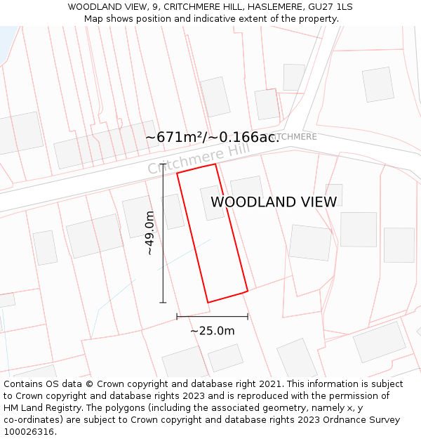 WOODLAND VIEW, 9, CRITCHMERE HILL, HASLEMERE, GU27 1LS: Plot and title map