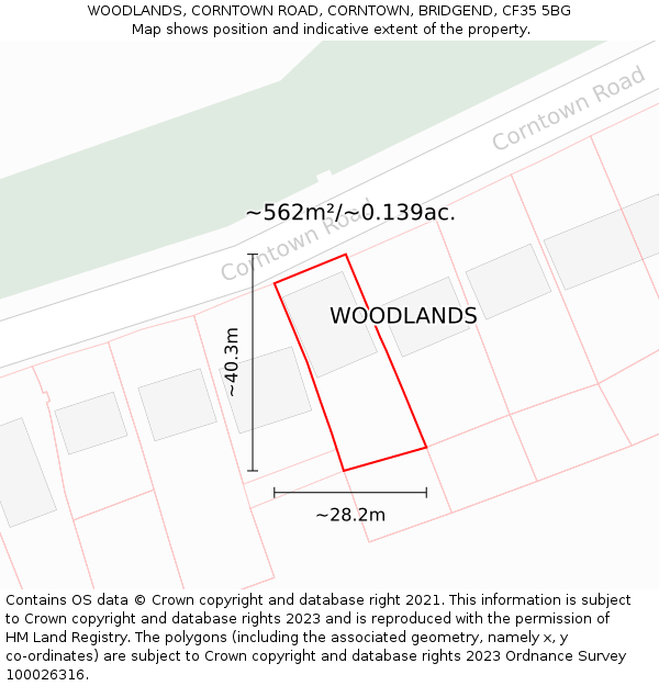 WOODLANDS, CORNTOWN ROAD, CORNTOWN, BRIDGEND, CF35 5BG: Plot and title map