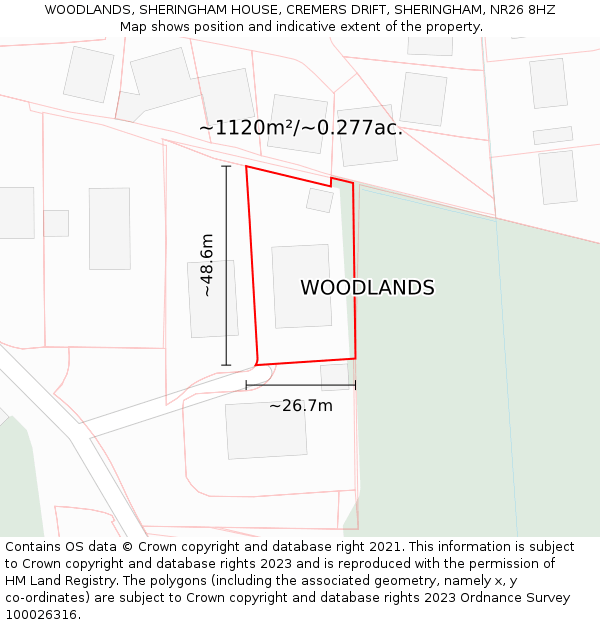 WOODLANDS, SHERINGHAM HOUSE, CREMERS DRIFT, SHERINGHAM, NR26 8HZ: Plot and title map