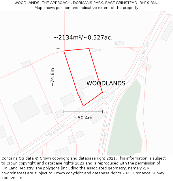 WOODLANDS, THE APPROACH, DORMANS PARK, EAST GRINSTEAD, RH19 3NU: Plot and title map