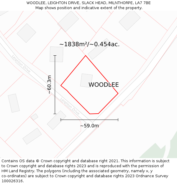 WOODLEE, LEIGHTON DRIVE, SLACK HEAD, MILNTHORPE, LA7 7BE: Plot and title map