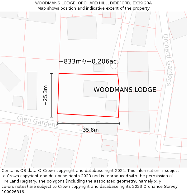 WOODMANS LODGE, ORCHARD HILL, BIDEFORD, EX39 2RA: Plot and title map