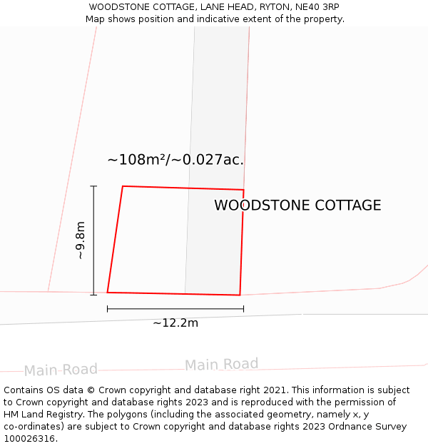 WOODSTONE COTTAGE, LANE HEAD, RYTON, NE40 3RP: Plot and title map