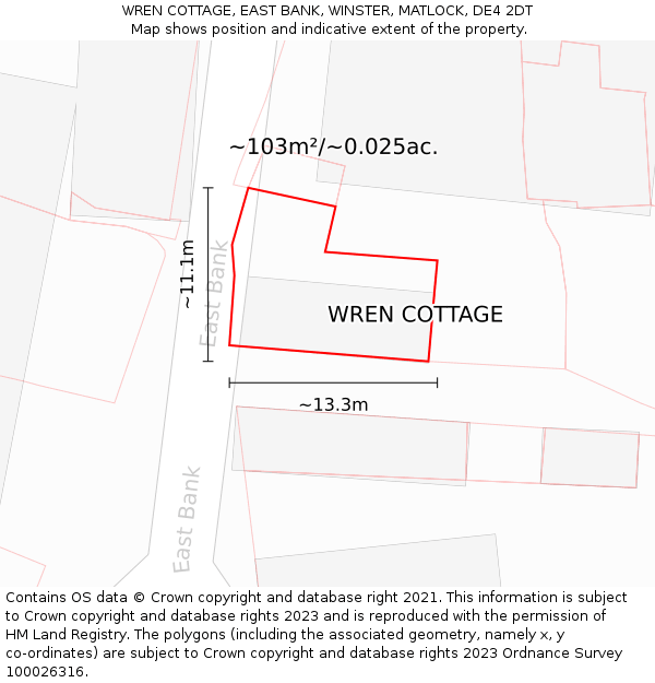 WREN COTTAGE, EAST BANK, WINSTER, MATLOCK, DE4 2DT: Plot and title map