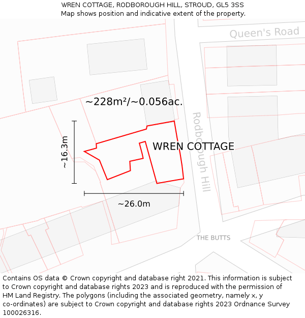 WREN COTTAGE, RODBOROUGH HILL, STROUD, GL5 3SS: Plot and title map