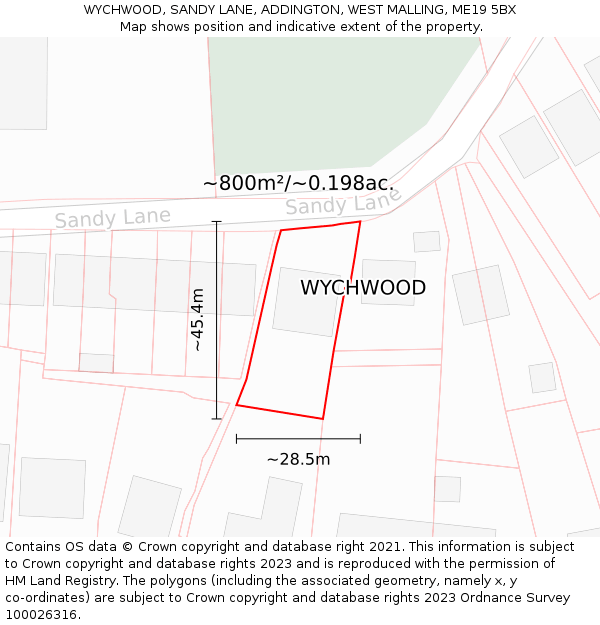 WYCHWOOD, SANDY LANE, ADDINGTON, WEST MALLING, ME19 5BX: Plot and title map