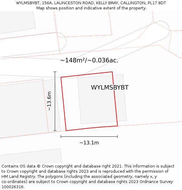 WYLMSBYBT, 156A, LAUNCESTON ROAD, KELLY BRAY, CALLINGTON, PL17 8DT: Plot and title map