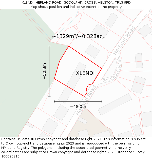 XLENDI, HERLAND ROAD, GODOLPHIN CROSS, HELSTON, TR13 9RD: Plot and title map