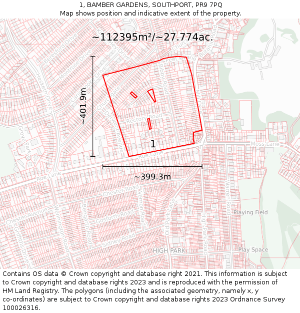 1, BAMBER GARDENS, SOUTHPORT, PR9 7PQ: Plot and title map