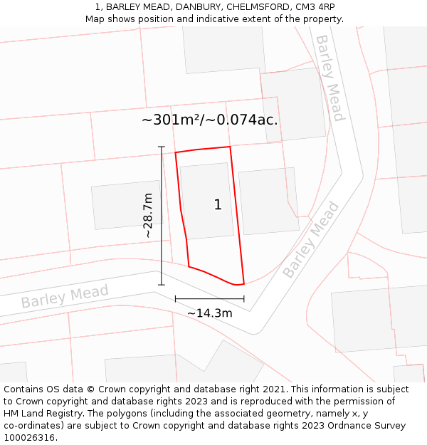 1, BARLEY MEAD, DANBURY, CHELMSFORD, CM3 4RP: Plot and title map