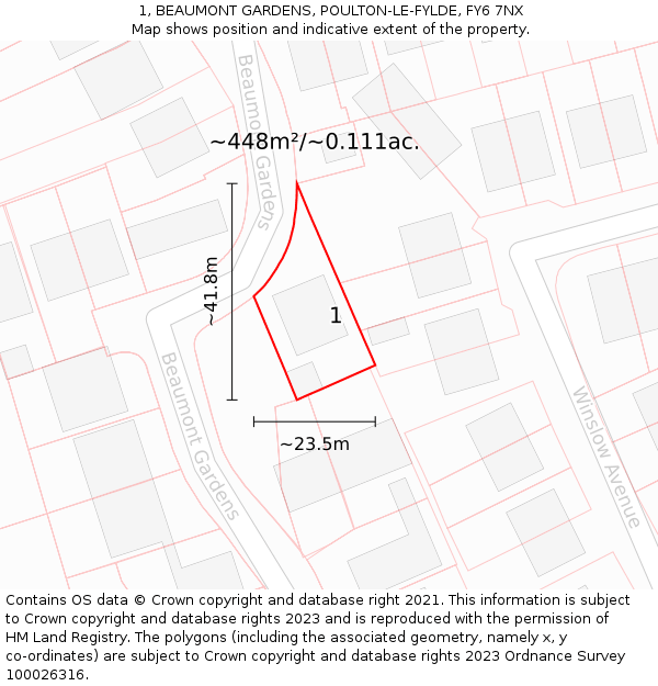 1, BEAUMONT GARDENS, POULTON-LE-FYLDE, FY6 7NX: Plot and title map