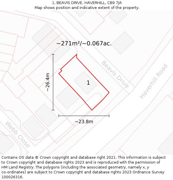 1, BEAVIS DRIVE, HAVERHILL, CB9 7JA: Plot and title map