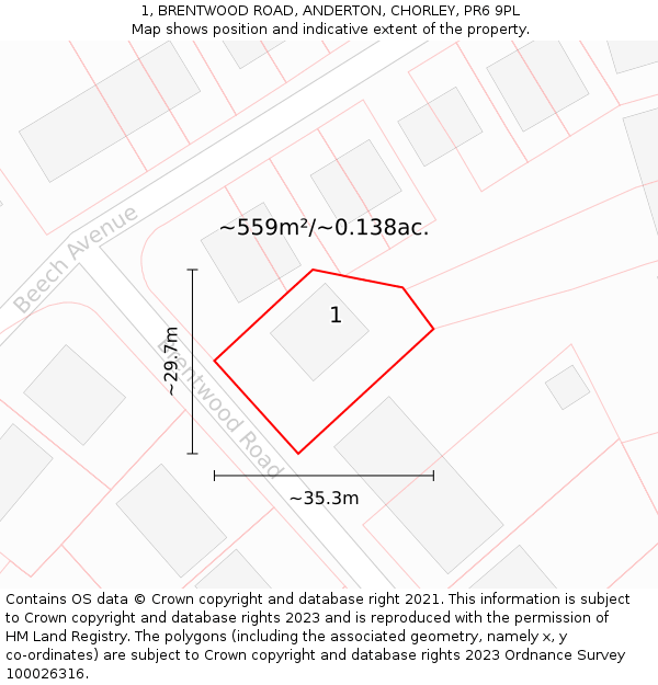 1, BRENTWOOD ROAD, ANDERTON, CHORLEY, PR6 9PL: Plot and title map