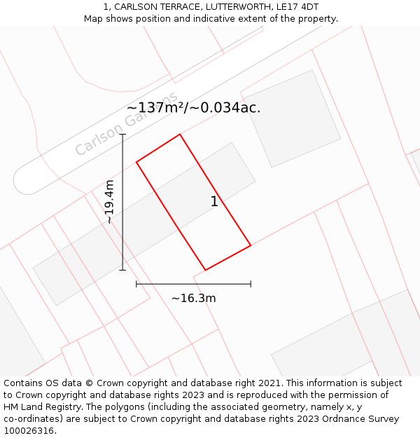 1, CARLSON TERRACE, LUTTERWORTH, LE17 4DT: Plot and title map