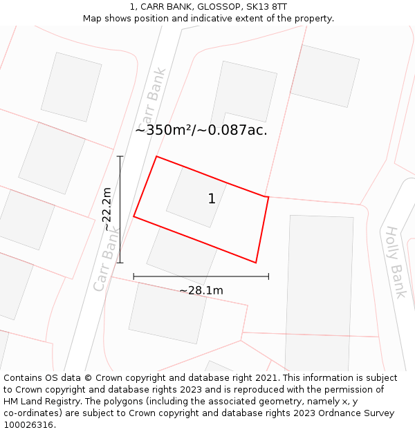 1, CARR BANK, GLOSSOP, SK13 8TT: Plot and title map