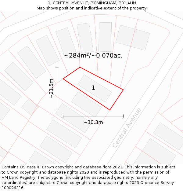 1, CENTRAL AVENUE, BIRMINGHAM, B31 4HN: Plot and title map