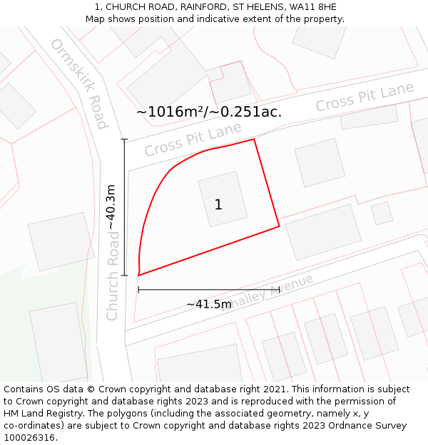 1, CHURCH ROAD, RAINFORD, ST HELENS, WA11 8HE: Plot and title map