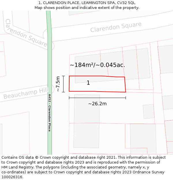 1, CLARENDON PLACE, LEAMINGTON SPA, CV32 5QL: Plot and title map