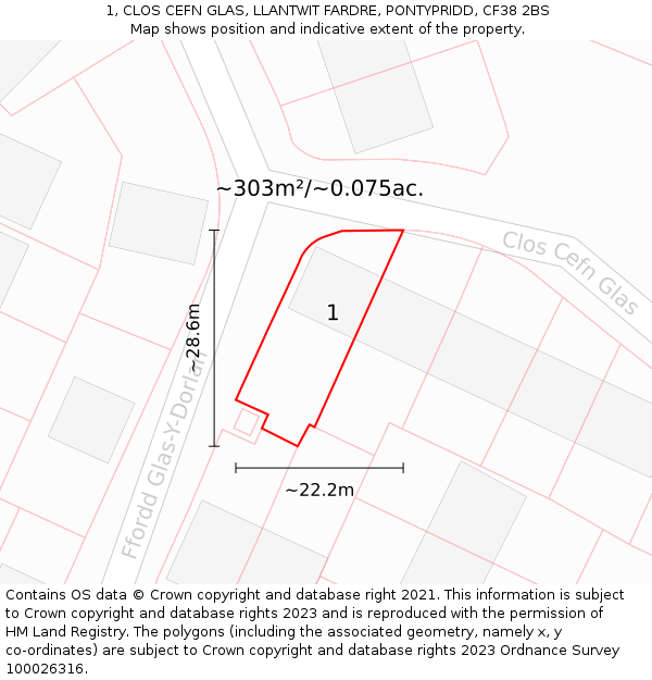 1, CLOS CEFN GLAS, LLANTWIT FARDRE, PONTYPRIDD, CF38 2BS: Plot and title map