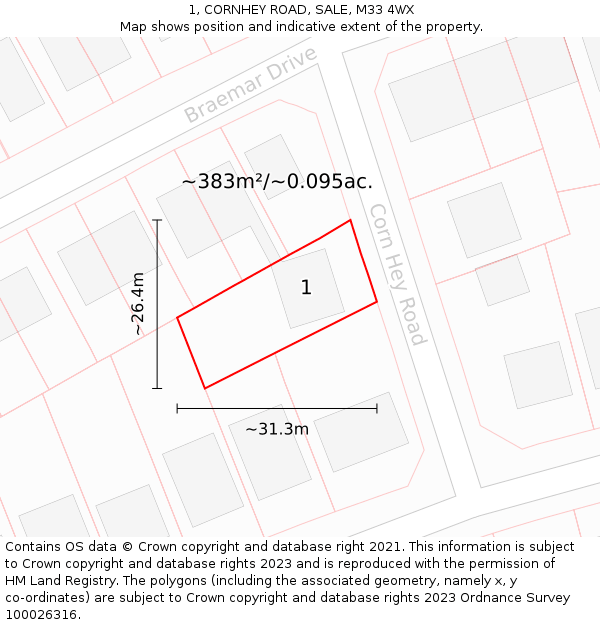 1, CORNHEY ROAD, SALE, M33 4WX: Plot and title map