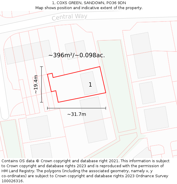 1, COXS GREEN, SANDOWN, PO36 9DN: Plot and title map