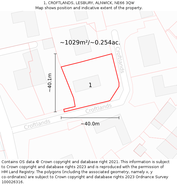 1, CROFTLANDS, LESBURY, ALNWICK, NE66 3QW: Plot and title map