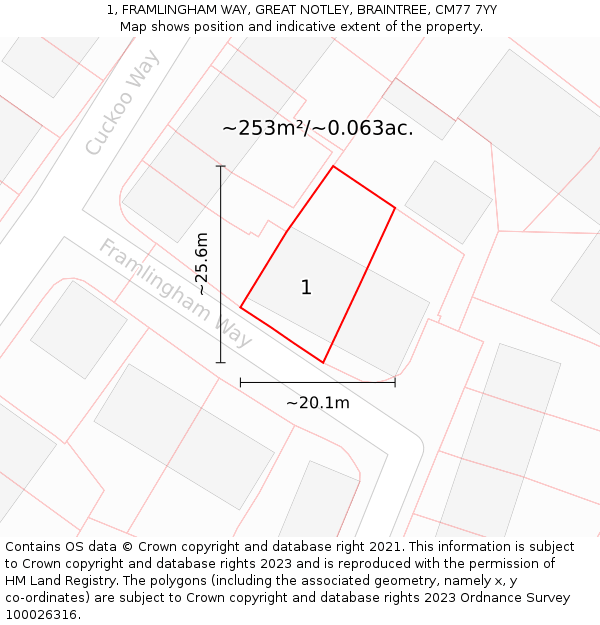 1, FRAMLINGHAM WAY, GREAT NOTLEY, BRAINTREE, CM77 7YY: Plot and title map