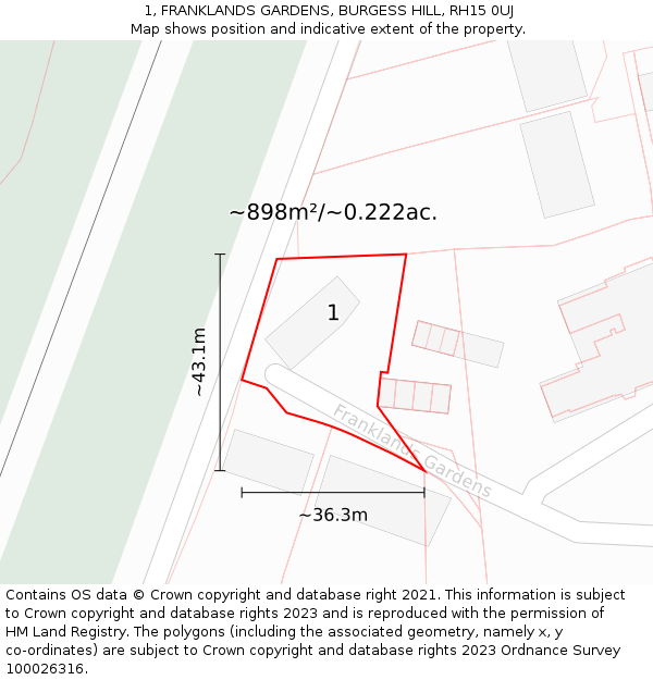 1, FRANKLANDS GARDENS, BURGESS HILL, RH15 0UJ: Plot and title map