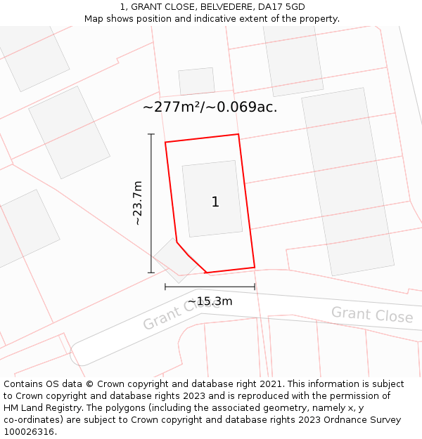 1, GRANT CLOSE, BELVEDERE, DA17 5GD: Plot and title map