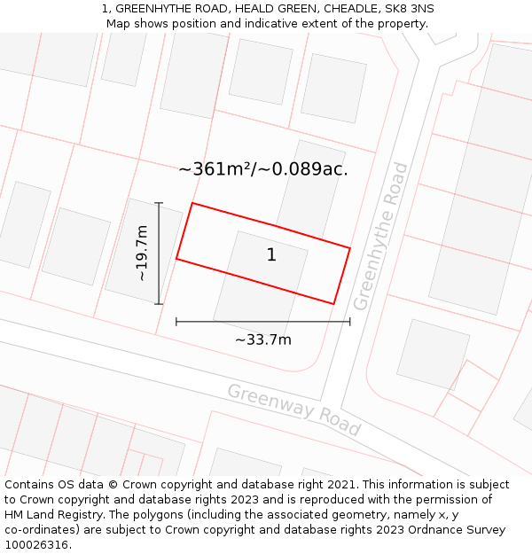 1, GREENHYTHE ROAD, HEALD GREEN, CHEADLE, SK8 3NS: Plot and title map