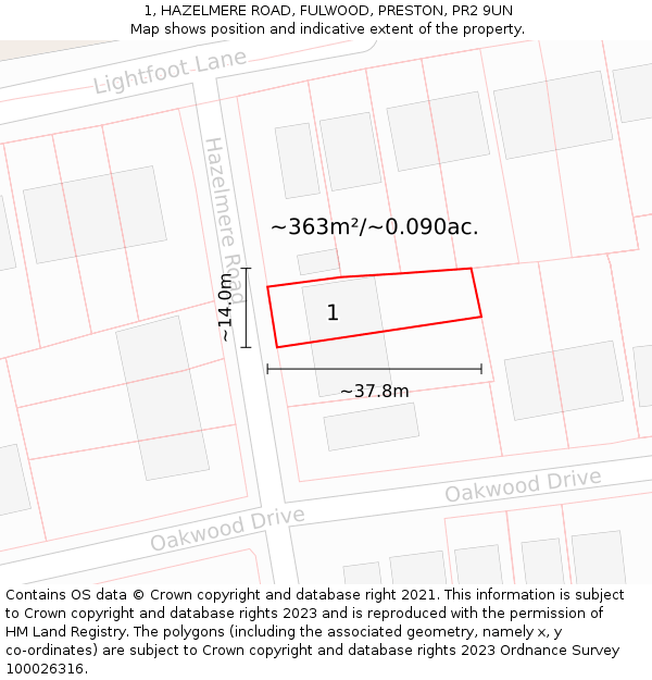 1, HAZELMERE ROAD, FULWOOD, PRESTON, PR2 9UN: Plot and title map