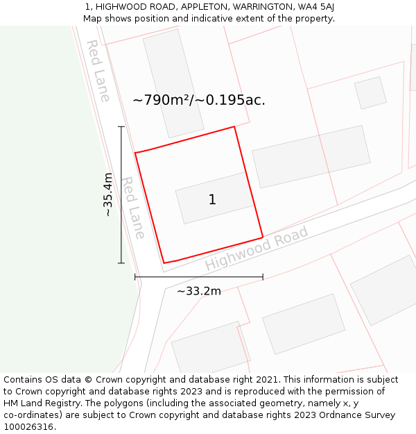 1, HIGHWOOD ROAD, APPLETON, WARRINGTON, WA4 5AJ: Plot and title map