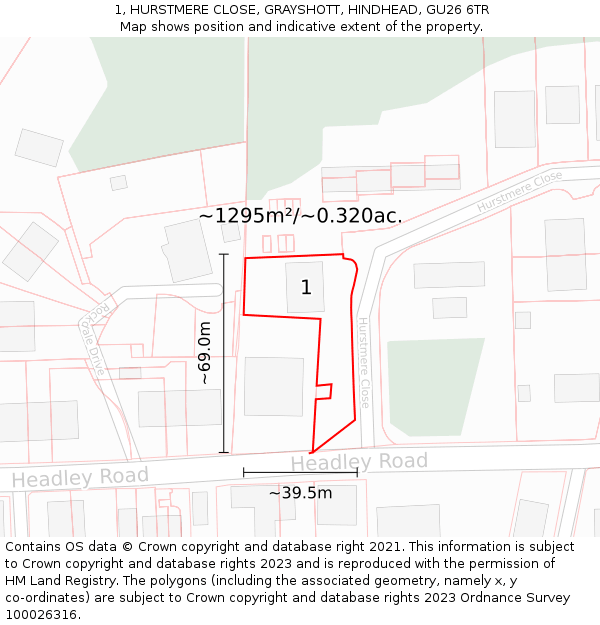 1, HURSTMERE CLOSE, GRAYSHOTT, HINDHEAD, GU26 6TR: Plot and title map