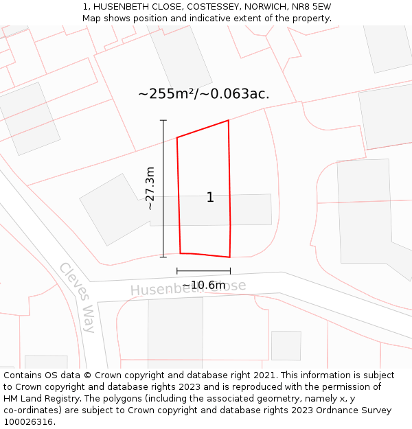 1, HUSENBETH CLOSE, COSTESSEY, NORWICH, NR8 5EW: Plot and title map